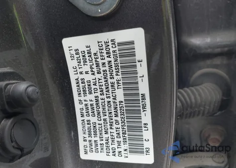 2012 Honda Civic Lx z USA, uszkodzony, nr VIN 19XFB2F53CE322579